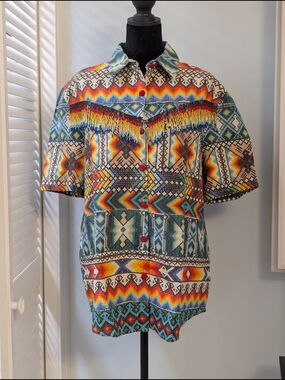 NWT Farm Rio x Yawanawa Awavena Beaded Fringe Linen Uni Shirt Small $295